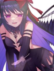 1girl akemi_homura akuma_homura amai_yume argyle_clothes argyle_legwear back_cutout bare_shoulders black_dress black_gloves black_hair black_thighhighs black_wings bow breasts cleavage clothing_cutout detached_collar dress elbow_gloves feathered_wings feathers gloves hair_bow long_hair looking_at_viewer mahou_shoujo_madoka_magica mahou_shoujo_madoka_magica:_hangyaku_no_monogatari parted_lips purple_eyes red_bow sleeveless sleeveless_dress solo thighhighs wings