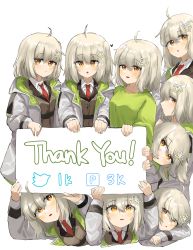 Rule 34 | 6+girls, absurdres, ahoge, arknights, blonde hair, brown jacket, clone, coat, green shirt, hair ornament, heart, highres, holding, holding sign, jacket, korean commentary, looking at viewer, looking up, milestone celebration, multiple girls, necktie, open mouth, polyvora, red neckwear, scene (arknights), shirt, short hair, sign, simple background, thank you, twitter logo, white background, white coat, white shirt, yellow eyes