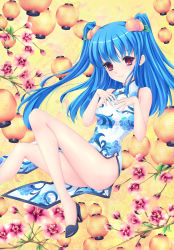 Rule 34 | 1girl, alternate costume, bare shoulders, blue hair, blush, breasts, china dress, chinese clothes, dress, food, fred0092, fruit, hair ornament, high heels, highres, hinanawi tenshi, lantern, long hair, looking at viewer, peach, red eyes, smile, solo, thighhighs, touhou, twintails