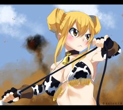 Rule 34 | 1girl, animal print, bell, neck bell, belt, bikini, bikini top only, blonde hair, breasts, brown eyes, cleavage, collar, cow print, cowbell, double bun, fairy tail, female focus, gaston18, gloves, large breasts, lucy heartfilia, navel, revealing clothes, smoke, solo, swimsuit, weapon, whip