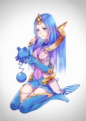 Rule 34 | 1girl, azurill, blue eyes, blue hair, blue thighhighs, boots, breasts, covered navel, creatures (company), elementalist lux, full body, game freak, gen 3 pokemon, gradient background, highres, holding, league of legends, lux (league of legends), medium breasts, miniskirt, nintendo, pokemon, pokemon (creature), seiza, sitting, skirt, smile, tagme, text focus, thigh boots, thighhighs, water elementalist lux, yuu ko