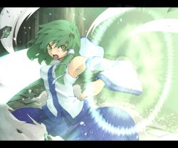Rule 34 | 1girl, angry, armpits, bare shoulders, battle, detached sleeves, energy sword, energy weapon, female focus, fighting stance, glowing, green eyes, green hair, hair ornament, hairpin, kochiya sanae, leaf, letterboxed, long hair, magic, magic circle, matching hair/eyes, morino hon, open mouth, pentagram, solo, sword, touhou, weapon