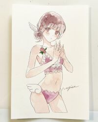 Rule 34 | 1girl, artist name, bare shoulders, bikini, blush, bra, breasts, brown eyes, brown hair, closed mouth, cowboy shot, cropped legs, flower, hair bun, hair ornament, highres, looking at viewer, marker (medium), navel, non-web source, original, own hands together, painting (medium), panties, photo (medium), pink flower, red flower, rose, signature, simple background, single hair bun, small breasts, solo, srnmomo, steepled fingers, swimsuit, traditional media, underwear, watercolor (medium), white background, wings
