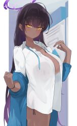 Rule 34 | 1girl, absurdres, black hair, blue archive, blue sweater, blush, breasts, chankuro, dark-skinned female, dark skin, halo, highres, karin (blue archive), large breasts, long hair, long sleeves, looking at viewer, shirt, solo, sweater, thighs, very long hair, white shirt, yellow eyes