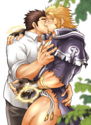 Rule 34 | 2boys, bara, beard, blush, brown hair, commission, couple, facial hair, grabbing, jacob (housamo), kiss, large pectorals, long sideburns, male focus, manly, protagonist 3 (housamo), multiple boys, muscular, pectoral grab, pectorals, revealing clothes, sideburns, skeb commission, sunfight0201, thick eyebrows, thick thighs, thighs, tokyo houkago summoners, torn clothes, upper body, yaoi