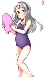 Rule 34 | 1girl, absurdres, alternate costume, artist logo, asymmetrical bangs, blue bow, blue hairband, blue one-piece swimsuit, bow, commentary request, competition school swimsuit, covered navel, dated, feet out of frame, hairband, highres, kanon (kurogane knights), kantai collection, kickboard, long hair, looking at viewer, one-piece swimsuit, purple eyes, sagiri (kancolle), school swimsuit, silver hair, simple background, smile, solo, split mouth, standing, swept bangs, swimsuit, white background