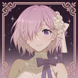 Rule 34 | 1girl, alternate costume, bare shoulders, blush, bow, closed mouth, collarbone, deepseaeidolon, fate/grand order, fate (series), flower, framed, hair flower, hair ornament, hair over one eye, looking at viewer, mash kyrielight, mash kyrielight (fgo orchestra), pink hair, purple bow, purple eyes, short hair, smile, solo, white flower