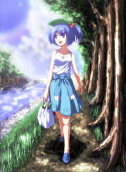 Rule 34 | 1girl, alternate costume, bag, bare shoulders, blue eyes, blue hair, blush, bow, clothes around waist, female focus, food, grass, hair bobbles, hair bow, hair ornament, hat, jacket, jacket around waist, jewelry, kawashiro nitori, key, matching hair/eyes, nature, necklace, open mouth, plant, plastic bag, river, ryosios, smile, solo, tank top, touhou, tree, twintails, two side up, vegetable, walking, water