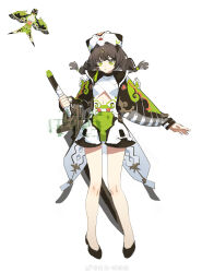 Rule 34 | 1girl, absurdres, bare legs, bird, black footwear, black hair, breasts, cape, chinese commentary, closed mouth, clothing cutout, dress, flats, floating, full body, green eyes, gugu (mirukai), hat, highres, holding, holding sword, holding weapon, kite, looking at viewer, navel, original, reference inset, shorts, simple background, small breasts, solo, stomach cutout, sword, tachi-e, twintails, watermark, weapon, weibo logo, weibo watermark, white background