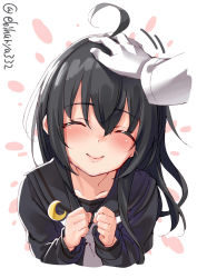 Rule 34 | 1girl, ^ ^, ahoge, black hair, black sailor collar, black serafuku, blush, clenched hands, closed eyes, commentary, crescent, crescent pin, ebifurya, hand on another&#039;s head, head pat, headpat, highres, kantai collection, lips, long hair, mikazuki (kancolle), motion lines, out of frame, pink lips, sailor collar, school uniform, serafuku, smile, solo focus, symbol-only commentary, upper body, white background, white neckwear