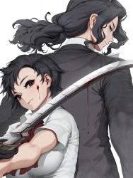 Rule 34 | 1boy, 1girl, back-to-back, black hair, blood, blood+, blood on face, blue eyes, character request, closed mouth, dripping, formal, hagi (blood+), holding, holding sword, holding weapon, katana, letdie1414, long hair, looking back, otonashi saya, red eyes, red neckwear, short hair, simple background, suit, sword, upper body, weapon, white background