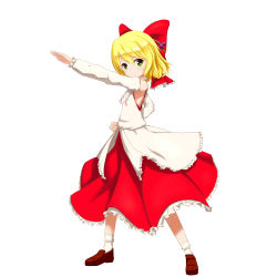Rule 34 | 1girl, blonde hair, bow, full body, green eyes, hair bow, hair ornament, hair ribbon, henshin pose, long skirt, long sleeves, looking at viewer, outstretched arm, red bow, red skirt, ribbon, satsuki rin, shoes, short hair, skirt, socks, solo, taihentai, touhou, white background, white socks