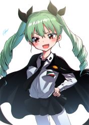 Rule 34 | 1girl, absurdres, anchovy (girls und panzer), anzio school uniform, artist name, belt, black belt, black cape, black necktie, black ribbon, black skirt, cape, commentary, cowboy shot, dress shirt, drill hair, emblem, enikuma, fang, girls und panzer, green hair, hair ribbon, hands on own hips, highres, long hair, long sleeves, looking at viewer, miniskirt, necktie, open mouth, pantyhose, pleated skirt, red eyes, ribbon, school uniform, shirt, signature, simple background, skirt, smile, solo, standing, twin drills, twintails, v-shaped eyebrows, white background, white pantyhose, white shirt, wind, wing collar