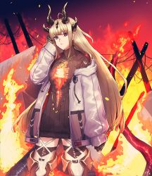 Rule 34 | 1girl, ahoge, arknights, beige legwear, black gloves, black horns, black sweater, blonde hair, blue eyes, closed mouth, commentary request, cowboy shot, dated, dragon horns, earrings, expressionless, fire, gloves, hand up, highres, horns, jacket, jewelry, kawaii inu5, light in heart, long hair, long sleeves, off shoulder, outdoors, power lines, red pupils, reed (arknights), ribbed sweater, sidelocks, sleeves past wrists, solo, sweater, thighhighs, turtleneck, turtleneck sweater, utility pole, white jacket