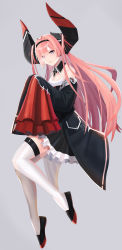 Rule 34 | 1girl, absurdres, azur lane, bare shoulders, belt, black coat, black dress, black footwear, black horns, coat, cross, detached collar, dress, from side, full body, grey background, hair on horn, highres, horns, huge horns, iron cross, long hair, long horns, long sleeves, looking at viewer, looking to the side, mechanical horns, open clothes, open coat, pink hair, prinz rupprecht (azur lane), shoes, simple background, sleeves past fingers, sleeves past wrists, solo, strapless, strapless dress, sui62, thigh belt, thigh strap, thighhighs, very long hair, white thighhighs, wing collar