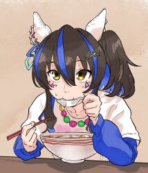 Rule 34 | 1girl, animal ears, bead necklace, beads, blue hair, blue shirt, bowl, brown hair, chinese spoon, chopsticks, closed mouth, colored inner hair, daitaku helios (umamusume), e-ncyo, ear covers, eating, food, hair between eyes, hair ornament, hairclip, highres, holding, holding chopsticks, holding spoon, horse ears, jewelry, long sleeves, looking at viewer, multicolored hair, necklace, noodles, one side up, shirt, shirt under shirt, solo, spoon, sticker on face, sweatdrop, table, two-tone hair, umamusume, white shirt, yellow eyes