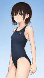 Rule 34 | 1girl, akipeko, bad id, bad pixiv id, black hair, blue one-piece swimsuit, breasts, brown eyes, commentary, competition swimsuit, cowboy shot, flat chest, gradient background, hair strand, highres, looking at viewer, looking to the side, one-piece swimsuit, original, parted lips, short hair, small breasts, solo, standing, swimsuit, wet, wet hair