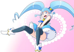 Rule 34 | 10s, 1girl, :o, bakusai, black thighhighs, blue dress, blue eyes, blue hair, blue skirt, bow, brooch, covering privates, covering crotch, crown, cure princess, dress, embarrassed, full body, gradient background, hair bow, happinesscharge precure!, heart, heart brooch, long hair, magical girl, matching hair/eyes, mini crown, necktie, pink background, precure, shirayuki hime, shoes, skirt, solo, thighhighs, twintails, v arms, white background