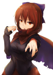 Rule 34 | &gt;:(, 1girl, black shirt, blush, bow, brown eyes, cape, cowboy shot, foreshortening, frown, hair between eyes, hair bow, high collar, highres, long sleeves, looking at viewer, nise (  nise6  ), parted lips, purple bow, red hair, red skirt, sekibanki, shirt, short hair, skirt, solo, touhou, v-shaped eyebrows, white background