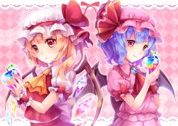 Rule 34 | 2girls, :o, ascot, bat wings, blonde hair, blouse, blue hair, border, brooch, checkered background, cowboy shot, crystal, doily, flandre scarlet, glass apple, hair between eyes, hat, hat ribbon, highres, holding, jewelry, lace, lace border, light smile, looking to the side, mob cap, multiple girls, ornate border, pink background, pink shirt, pink skirt, puffy short sleeves, puffy sleeves, red eyes, red skirt, red vest, remilia scarlet, ribbon, sakura ran, shirt, short hair, short sleeves, siblings, side ponytail, sisters, skirt, touhou, vest, wings, wrist cuffs