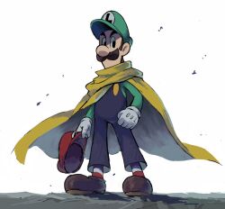 Rule 34 | 1boy, blue overalls, boots, brown footwear, cape, cape luigi, facial hair, gloves, green hat, green shirt, hat, highres, holding, holding clothes, holding hat, luigi, mario, mario &amp; luigi rpg, mario (series), masanori sato (style), mustache, nintendo, overalls, red hat, shirt, simple background, socks, striped clothes, striped socks, white background, white gloves, ya mari 6363, yellow cape