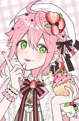 Rule 34 | 1boy, androgynous, beret, bishounen, blush, bow, closed mouth, cupcake, ensemble stars!, food, food-themed hair ornament, frills, green eyes, hair ornament, hat, himemiya tori, holding, holding food, looking at viewer, male focus, multicolored background, pink background, pink hair, shirt, solo, strawberry hair ornament, white background, white hat, white shirt, xpstydlsrkddlcl