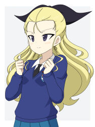 Rule 34 | 1girl, assam (girls und panzer), black necktie, black ribbon, blonde hair, blue eyes, blue skirt, blue sweater, clenched hands, closed mouth, commentary, dress shirt, emblem, girls und panzer, grey background, hair pulled back, hair ribbon, highres, ichinose jun, long hair, long sleeves, looking to the side, necktie, pleated skirt, ribbon, school uniform, shirt, skirt, smile, solo, st. gloriana&#039;s (emblem), st. gloriana&#039;s school uniform, sweater, upper body, v-neck, white shirt, wing collar