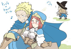 Rule 34 | 1girl, axe, blonde hair, cape, carrying, father and son, fire emblem, fire emblem awakening, glasses, gloves, laurent, miriel (fire emblem), mother and son, nintendo, princess carry, red eyes, red hair, short hair, shougayaki (kabayaki 3), staff, translation request, vaike (fire emblem), weapon