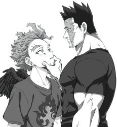 Rule 34 | 2boys, bara, boku no hero academia, casual, couple, endeavor (boku no hero academia), eye contact, facial hair, feathered wings, flame print, from side, greyscale, hand on another&#039;s face, hawks (boku no hero academia), large pectorals, looking at another, male focus, mature male, monochrome, multiple boys, muscular, muscular male, pectorals, popo take, profile, scar, scar across eye, scar on face, shirt, short hair, sideburns, spiked hair, stubble, veins, wings, yaoi