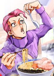 Rule 34 | 1boy, bowl, chopsticks, commentary, commentary request, eating, food, freckles, highres, holding, holding chopsticks, indoors, jojo no kimyou na bouken, long sleeves, looking at object, male focus, meat, noodles, ooranokohaku, open mouth, pink eyes, pink hair, sitting, solo, teeth, upper teeth only, vento aureo, vinegar doppio