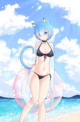 Rule 34 | 1girl, absurdres, animal ears, bare shoulders, beach, bell, bikini, black bikini, blue eyes, blue hair, blush, breasts, cat ears, cat tail, cleavage, collar, commentary request, day, fang, hair over one eye, highres, holding, holding swim ring, innertube, jacket, large breasts, looking at viewer, navel, neck bell, outdoors, re:zero kara hajimeru isekai seikatsu, rem (re:zero), see-through, see-through jacket, short hair, skin fang, smile, solo, swim ring, swimsuit, tail, transparent jacket, twin tail (artist), water