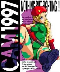 Rule 34 | 1990s (style), 1girl, ahoge, antenna hair, arm support, artist request, bare shoulders, beret, blonde hair, blue eyes, boots, braid, breasts, cammy white, camouflage, capcom, combat boots, fingerless gloves, gloves, gun, handgun, hat, leotard, looking away, pistol, retro artstyle, scar, sitting, socks, solo, street fighter, thong leotard, toned, trigger discipline, twin braids, wall of text, weapon