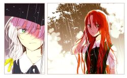 Rule 34 | 2girls, bow, closed mouth, collar, collared shirt, commentary, green eyes, green vest, grey hair, hair bow, holding, holding umbrella, hong meiling, izayoi sakuya, light blush, light frown, long hair, multiple girls, open mouth, outdoors, rain, red hair, see-through, see-through sleeves, shirt, short sleeves, touhou, umbrella, very long hair, vest, water drop, wet, wet clothes, wet hair, yellow bow, yellow eyes, yonu (yonurime)