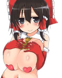 Rule 34 | 1girl, ascot, black eyes, black hair, blush, bow, breasts, closed mouth, detached collar, elbow gloves, female focus, fur trim, gloves, golgi hon, hair between eyes, hair bow, hair tubes, hakurei reimu, hands on own face, highres, jitome, large breasts, looking at viewer, maebari, navel, pasties, red bow, red gloves, side ponytail, simple background, smile, solo, stomach, topless, topless frame, touhou, upper body, white background