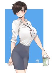 Rule 34 | 1girl, artist name, black hair, blue background, blush, border, breasts, can, collared shirt, cowboy shot, drink can, earrings, facing viewer, head tilt, highres, holding, holding can, id card, jewelry, lanyard, large breasts, looking at viewer, norman maggot, office lady, olive laurentia, original, outside border, parted lips, pencil skirt, pixie cut, polo shirt, red eyes, shirt, short hair, simple background, skirt, soda can, solo, standing, white border, white shirt