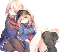 Rule 34 | 2girls, absurdres, ahoge, artoria pendragon (fate), baseball cap, black footwear, blonde hair, blue eyes, blue jacket, blue scarf, blue skirt, boots, braid, closed mouth, coat, crease, cross-laced footwear, duffel coat, fal maro, fate/grand order, fate (series), french braid, garter straps, glasses, hair between eyes, hair through headwear, hat, highres, jacket, knee boots, lace-up boots, long hair, looking at viewer, multiple girls, mysterious heroine x (fate), mysterious heroine x alter (fate), mysterious heroine x alter (first ascension) (fate), open clothes, open coat, plaid, plaid scarf, platinum blonde hair, pleated skirt, ponytail, red scarf, scan, scan artifacts, scarf, school uniform, serafuku, short shorts, shorts, sidelocks, silver hair, simple background, sitting, skirt, smile, thighhighs, thighs, track jacket, white background, yellow eyes