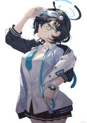 Rule 34 | 1girl, arm up, black hair, black skirt, blue archive, blue cardigan, blue neckerchief, bottle, breasts, cardigan, chihiro (blue archive), cleavage, collarbone, cowboy shot, glass bottle, glasses, green eyes, hair ornament, halo, highres, holding, holding bottle, jacket, letterman jacket, looking at viewer, medium breasts, miniskirt, mishima hiroji, neckerchief, parted lips, partially unbuttoned, pleated skirt, semi-rimless eyewear, shirt, short hair, sideways mouth, skirt, solo, sweat, watch, water bottle, white jacket, white shirt, wristwatch