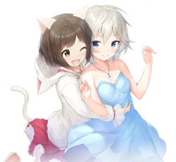 Rule 34 | 2girls, ;d, anastasia (idolmaster), animal ears, animal hood, bad id, bad pixiv id, bare arms, bare shoulders, blue dress, blue eyes, blush, brown eyes, brown footwear, brown hair, cat ears, cat girl, cat hood, cat tail, closed mouth, commentary request, dress, hair between eyes, hands up, highres, hood, hood down, hoodie, idolmaster, idolmaster cinderella girls, long sleeves, maekawa miku, multiple girls, one eye closed, open mouth, pleated skirt, puffy long sleeves, puffy sleeves, red skirt, rekareka, shoes, silver hair, skirt, smile, strapless, strapless dress, tail, tail raised, white hoodie