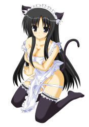 Rule 34 | 1girl, akiyama mio, animal ears, apron, asu, black hair, black thighhighs, blush, breast hold, breasts, cat ears, cat tail, cleavage, k-on!, kneeling, large breasts, long hair, looking at viewer, maid, maid apron, maid headdress, naked apron, no shoes, panties, panty pull, simple background, solo, tail, thighhighs, underwear, undressing, white background