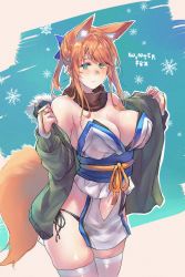 Rule 34 | 1girl, animal ears, black panties, black scarf, blue ribbon, breasts, cleavage, closed mouth, clothing cutout, coat, commentary, cowboy shot, detached sleeves, english text, extra ears, fox ears, fox girl, fox tail, fur-trimmed coat, fur trim, green coat, green eyes, hair ribbon, highres, hood, hood down, hooded coat, japanese clothes, kimono, large breasts, looking at viewer, medium hair, navel cutout, obi, open clothes, open coat, orange hair, original, outline, panties, pelvic curtain, ponytail, ribbon, sash, sawaya (mizukazu), scarf, side-tie panties, smile, snowflake background, solo, standing, strapless, tail, thighhighs, underwear, white kimono, white outline, white thighhighs