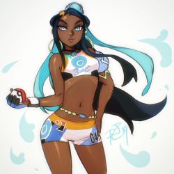 Rule 34 | 1girl, aqua hair, belly chain, black hair, blue eyes, breasts, bun cover, commentary, contrapposto, creatures (company), dark-skinned female, dark skin, ear piercing, earrings, english commentary, facing viewer, game freak, gloves, gym leader, hair bun, hand on own hip, highres, holding, holding poke ball, hoop earrings, jewelry, lips, long hair, looking at viewer, navel, necklace, nessa (pokemon), nintendo, piercing, poke ball, poke ball (basic), pokemon, pokemon swsh, robaato, single glove, single hair bun, small breasts, solo, standing