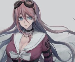 Rule 34 | 1girl, barbed wire, blonde hair, blue eyes, breasts, choker, cleavage, collarbone, commentary request, danganronpa (series), danganronpa v3: killing harmony, floating hair, goggles, goggles on head, grey background, hair between eyes, highres, iruma miu, iumi urura, large breasts, long hair, long sleeves, looking at viewer, open mouth, pink hair, pink shirt, school uniform, shirt, simple background, solo, upper body, very long hair