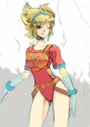 Rule 34 | 1girl, angel wings, armor, blonde hair, blue eyes, breath of fire, breath of fire i, elbow gloves, gloves, hairband, highres, kannoaki, leotard, looking at viewer, nina (breath of fire i), one eye closed, red leotard, short hair, simple background, solo, white wings, wings