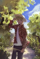 Rule 34 | 1boy, adjusting clothes, adjusting headwear, blonde hair, blue eyes, cloud, cnzatsu8, day, hat, highres, holding, holding plant, long sleeves, looking at viewer, making-of available, male focus, nijisanji, nijisanji en, open clothes, open shirt, outdoors, pants, plaid, plaid shirt, plant, shirt, sky, smile, solo, sonny brisko, standing, straw hat, tree, virtual youtuber, white shirt