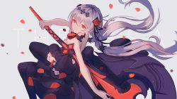 Rule 34 | 1girl, axe, bare shoulders, black dress, black footwear, boots, character name, deadjdk, dress, flower, frilled dress, frills, grey background, hair flower, hair ornament, highres, holding, holding axe, holding weapon, honkai (series), honkai impact 3rd, long hair, looking at viewer, petals, red eyes, red flower, red rose, rose, smile, strapless, strapless dress, theresa apocalypse, theresa apocalypse (luna kindred), thigh boots, twintails, weapon, white hair