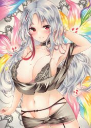 Rule 34 | 1girl, armpits, azur lane, bare shoulders, black bra, black choker, black shorts, black tank top, blush, bra, breasts, choker, cleavage, closed mouth, collarbone, cowboy shot, floral background, garter straps, groin, hair between eyes, hand up, highres, large breasts, long hair, looking at viewer, marker (medium), midriff, mole, mole on breast, multicolored hair, navel, official alternate costume, parted bangs, red eyes, red hair, saya pr, short shorts, shorts, sidelocks, silver hair, smile, solo, standing, streaked hair, tallinn (azur lane), tallinn (nostalgic pilsner) (azur lane), tank top, traditional media, underwear