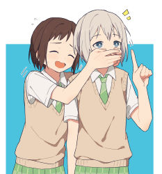 Rule 34 | 2girls, aoba moca, bang dream!, blue background, blue eyes, blush, border, bright pupils, brown hair, closed eyes, coldcat., commentary, covering another&#039;s mouth, green necktie, green skirt, grey hair, haneoka school uniform, hazawa tsugumi, highres, multiple girls, necktie, nervous, open mouth, parted bangs, plaid, plaid skirt, pleated skirt, pointing, pointing up, school uniform, short hair, short sleeves, simple background, skirt, sweater vest, upper body, white pupils, yellow sweater vest