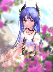 Rule 34 | 1girl, absurdres, bare arms, bare legs, bikini, black bikini, black choker, blue hair, blurry, blurry foreground, bracelet, breasts, brown ribbon, choker, cleavage, closed mouth, collarbone, day, flower, front-tie bikini top, front-tie top, highres, horns, jewelry, long hair, looking at viewer, medium breasts, mismatched bikini, navel, necklace, outdoors, pink flower, princess connect!, red eyes, rei (princess connect!), rei (summer) (princess connect!), ribbon, semisemimin, sitting, smile, solo, straight hair, swimsuit, thigh gap, twintails, very long hair, white bikini