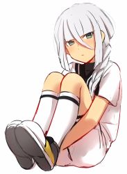 Rule 34 | 1boy, androgynous, blunt bangs, blush, braid, full body, hair between eyes, hair over shoulder, highres, hugging own legs, inazuma eleven (series), inazuma eleven go, inazuma eleven go galaxy, legs together, looking at viewer, male focus, parted lips, sekina, shirt, shoes, short sleeves, shorts, silver hair, simple background, single braid, sitting, soccer uniform, socks, solo, sportswear, white background, white shirt, white shorts, white socks, yuri averin