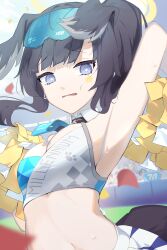 Rule 34 | 1girl, absurdres, animal ears, arm up, armpits, black hair, blue archive, blunt bangs, blurry, breasts, cheerleader, cleavage, commentary request, confetti, depth of field, detached collar, dog ears, dog girl, dog tail, eyewear on head, facial tattoo, halo, hibiki (blue archive), hibiki (cheer squad) (blue archive), highres, holding, holding pom poms, long hair, looking at viewer, medium breasts, millennium cheerleader outfit (blue archive), n sol, navel, official alternate costume, outdoors, parted lips, pleated skirt, pom pom (cheerleading), pom poms, ponytail, purple eyes, sidelocks, skirt, sleeveless, solo, stadium, star tattoo, stomach, sunglasses, sweat, tail, tattoo
